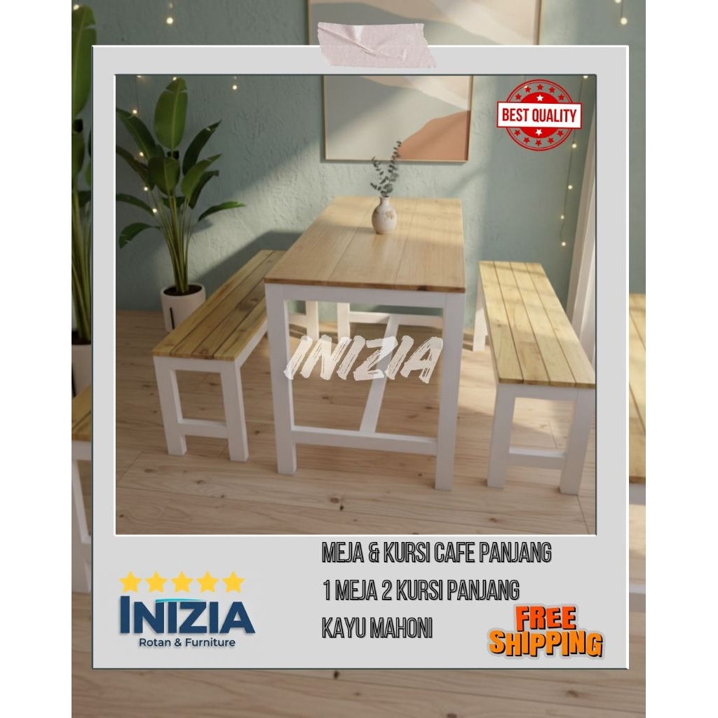 ( Termurah )1 set meja kursi cafe panjang kaki putih 1 meja 2 kursi panjang