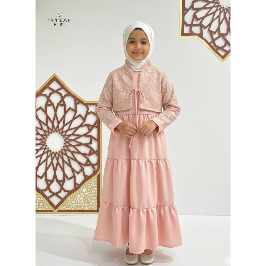 Princessa Flami Gamis Anak Remaja Muslim Raya Lebaran Korea Hanbok Vest Style Monscrepe Dusty Pink F