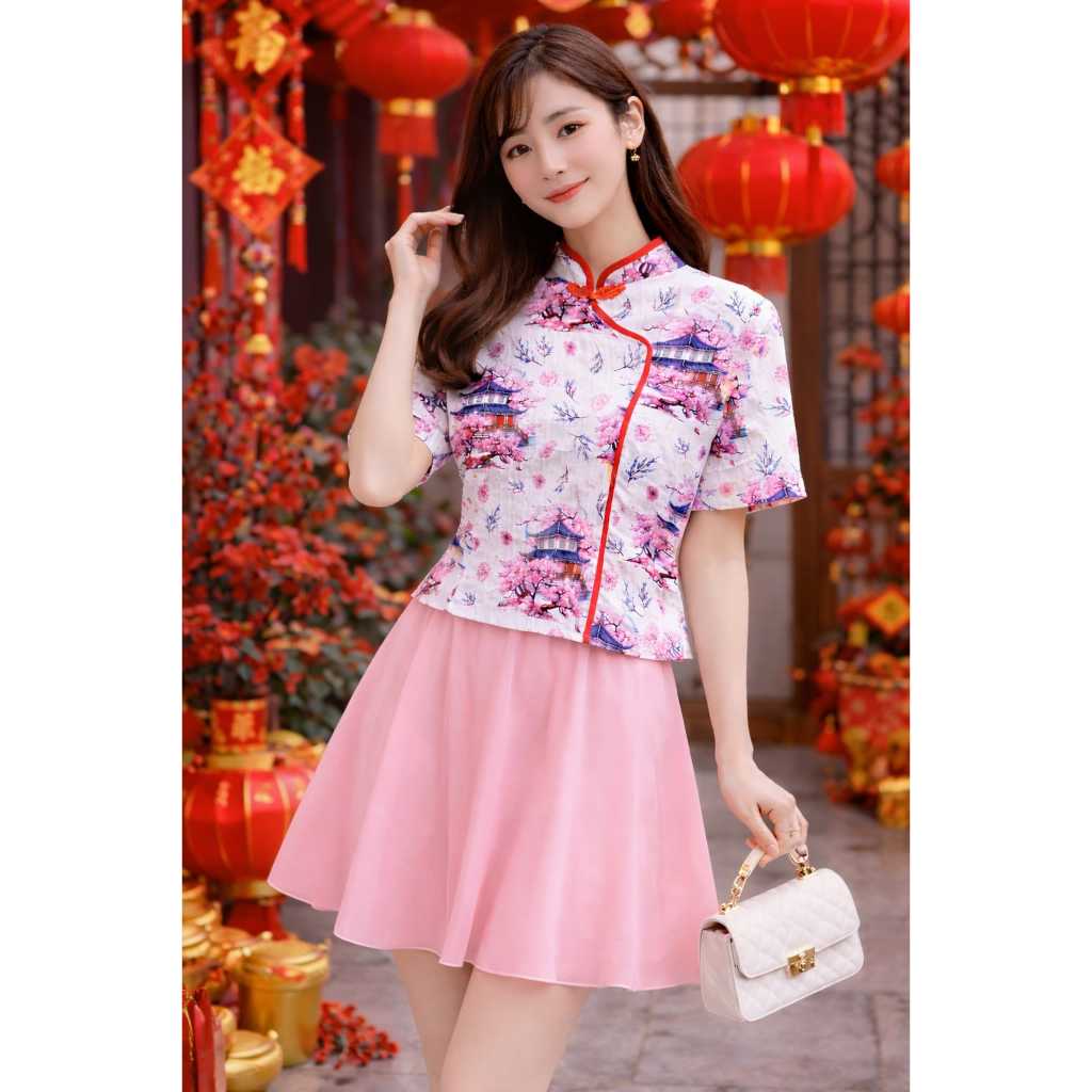 Cheongsam Wanita Cheongsam Print Top CNY Collection Baju Imlek Wanita Pakaian Wanita Stylish Qipao D