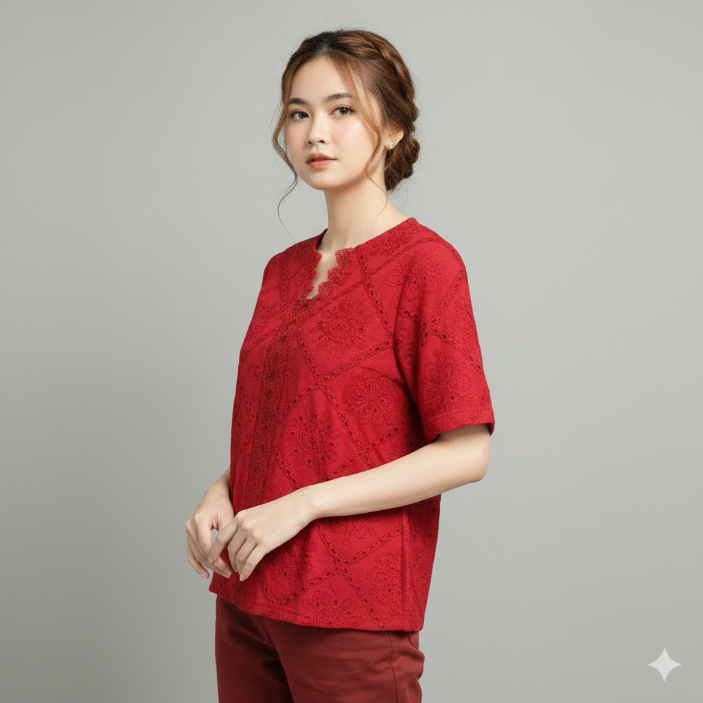 436064 | BLOUSE KAOS KOMBINASI BROKAT PREMUM NO STRETCH LENGAN 3/4 MAROON GREEN