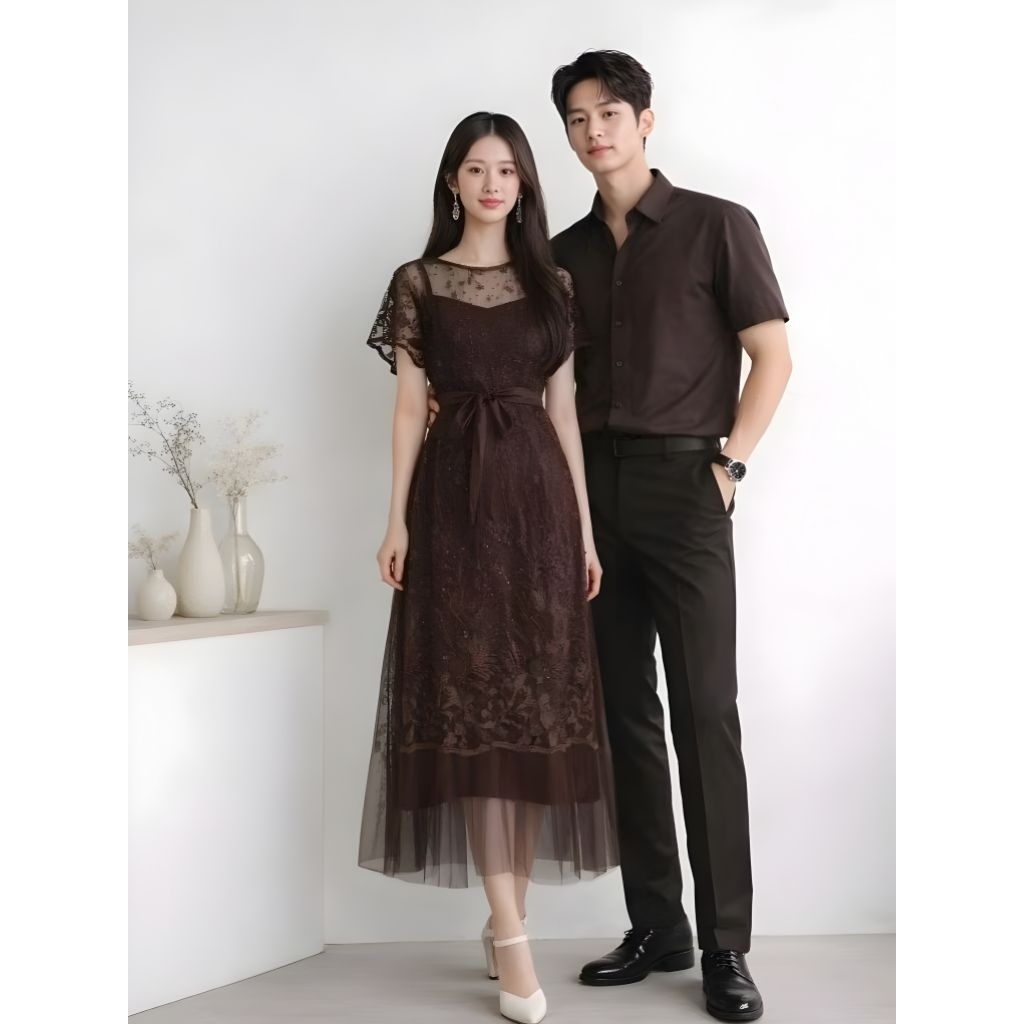 Baju Couple Kondangan Dress Brokat Tile Wanita + Kemeja Pria Elegan Lengan Pendek Outfit Pesta Forma