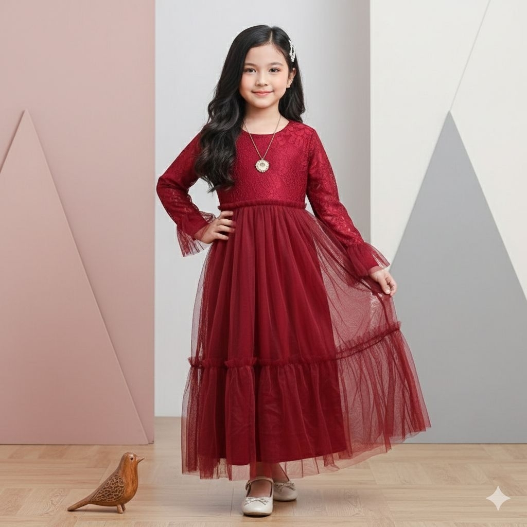 BAJU DRESS PESTA BRUKAT ANAK MODEL SERUT / GAMIS TUTU LEBARAN ANAK MODERN