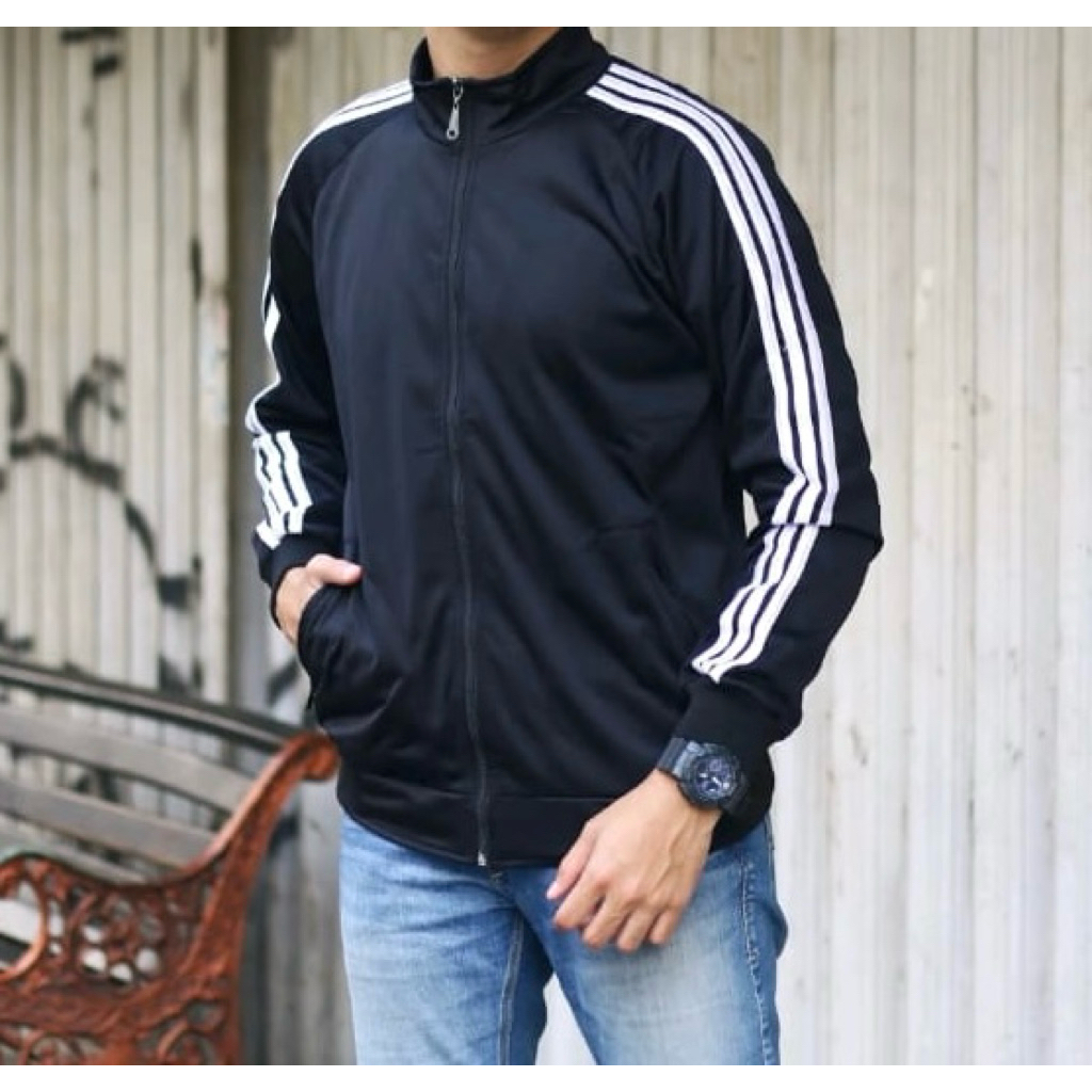 Jaket Tracktop Polos Anti UV Hitam List Tiga Garis