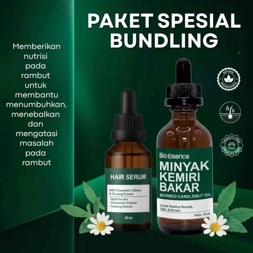 Paket Spesial Bundling 2 Botol Hair Serum & Minyak Kemiri Bakar Bio Essence untuk Rambut Sehat Tebal