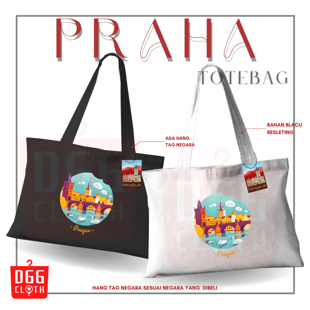 DGGCloth Tote Bag Praha, Totebag Sablon Oleh Oleh Praha Bahan Blacu Dengan Perekat Type 4