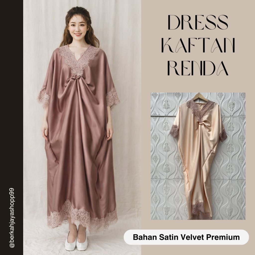 Kaftan Renda Bahan Satin Velvet Motif Polos Ukuran Jumbo Kaftan Hijab Non Hijab Adem Halus Nyaman