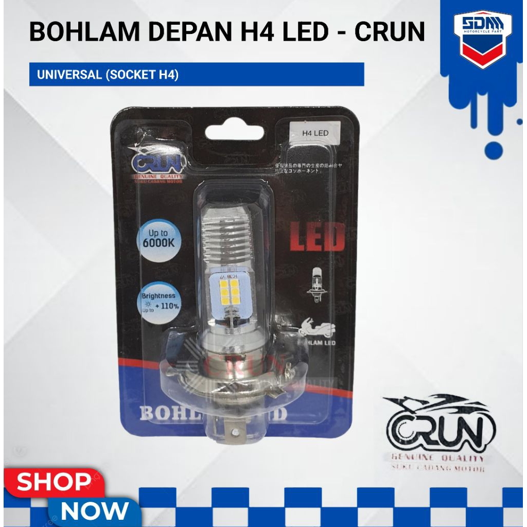 BOHLAM LAMPU DEPAN LED PUTIH H4 VIXION SCOOPY MX KING MEGAPRO NEW MONO CB150R MERK CRUN