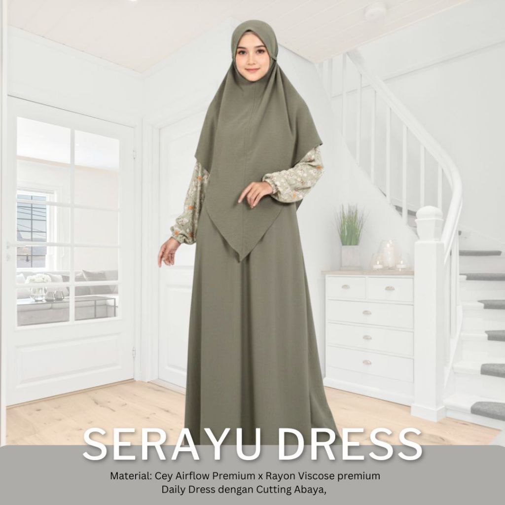 Serayu Dress by Hanin - Gamis Crinkle Airflow Premium Warna Green Sage - Dress Muslimah Elegan Busui