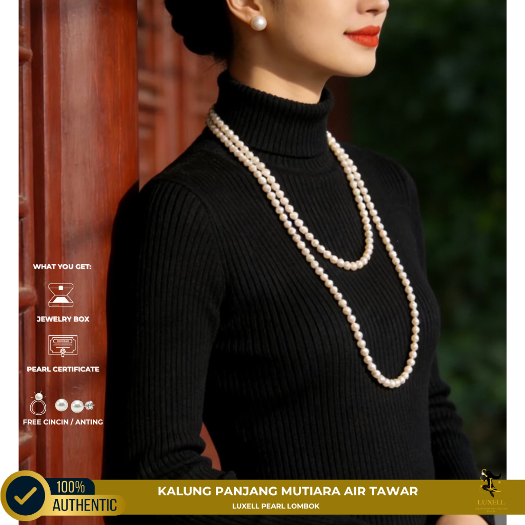 BERSERTIFIKAT Kalung lilit mutiara air tawar lombok| Kalung Panjang 120 cm Mutiara Air Tawar Asli | 