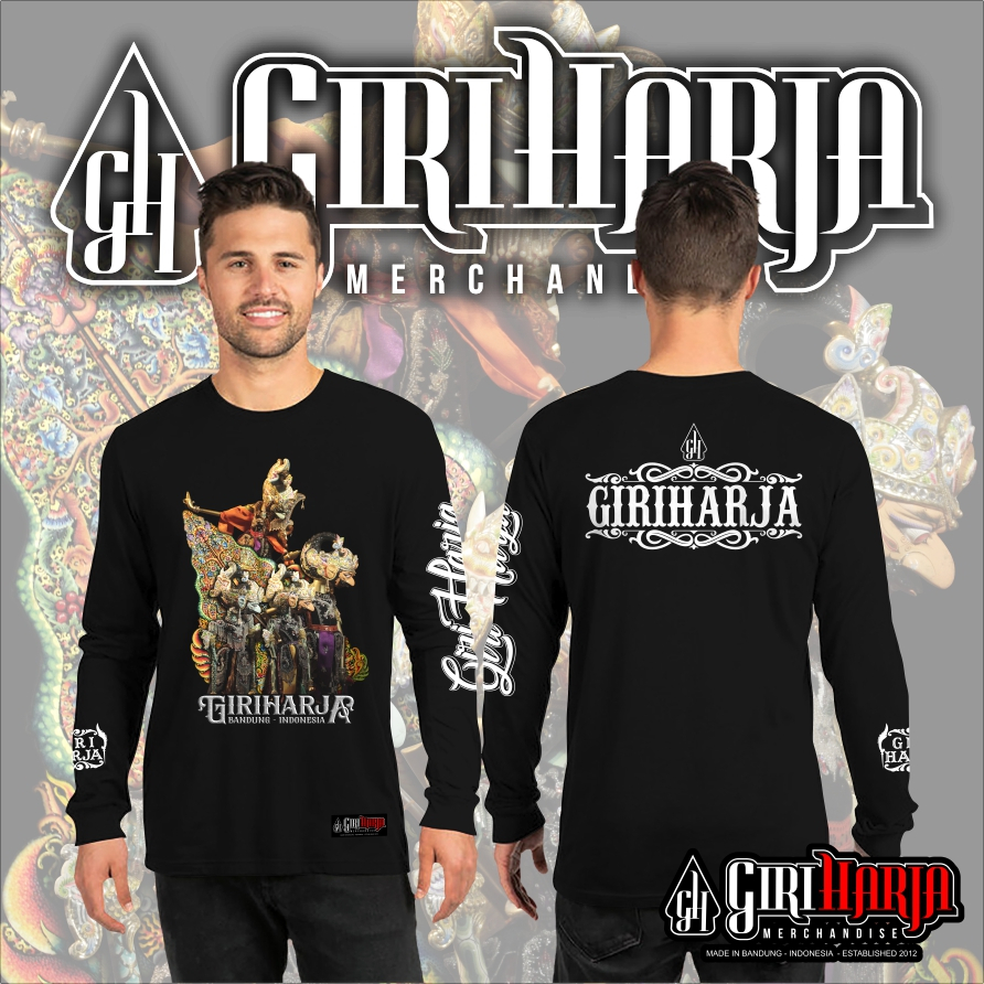 Kaos wayang golek Bima, Gatotkaca, Anterja, Jakatawang warna hitam dan putih tangan panjang