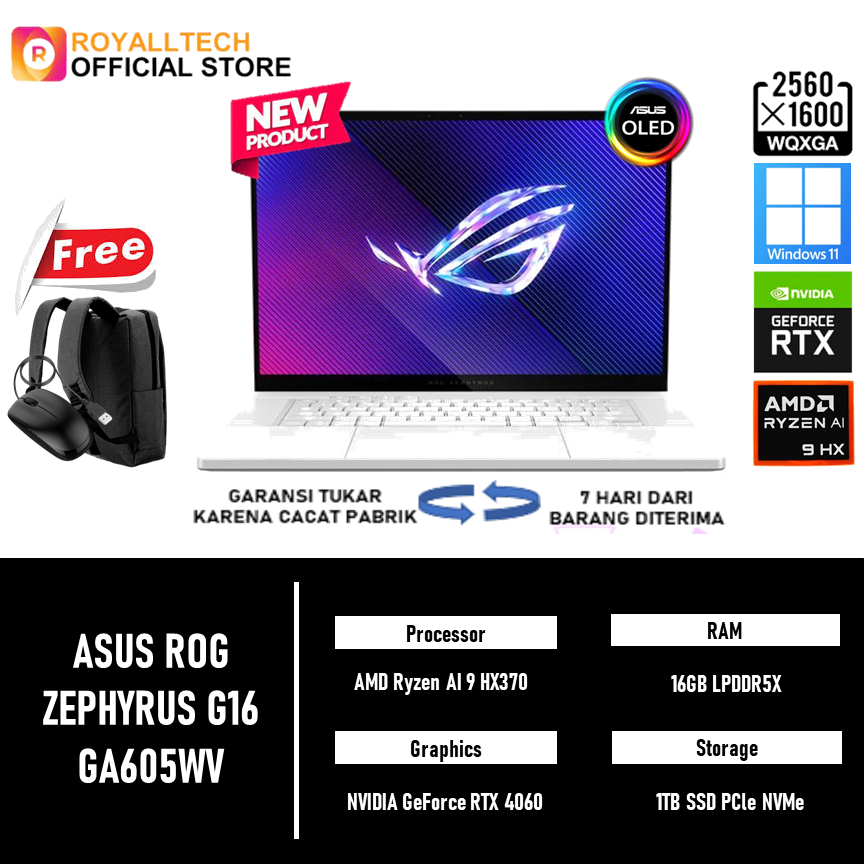 LAPTOP ASUS ROG ZEPHYRUS G16 OLED GA605WV RYZEN AI 9 HX370 RTX4060 8GB - RAM 16GB 1TB WINDOWS 11 16.