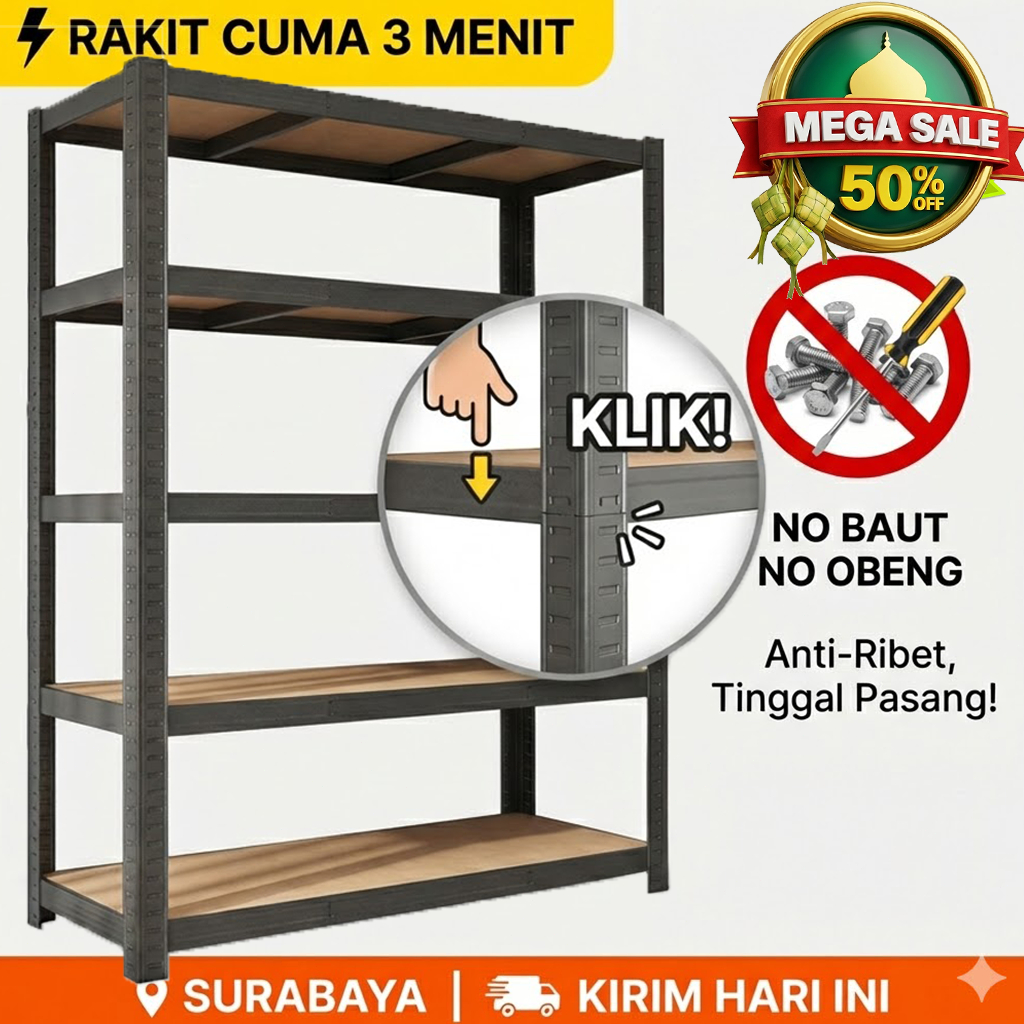 Rak Besi Siku 3/4/5/6 Susun 100% Besi dengan Papan Kayu COD Ready Surabaya Rak Dapur Rumah Gudang Se