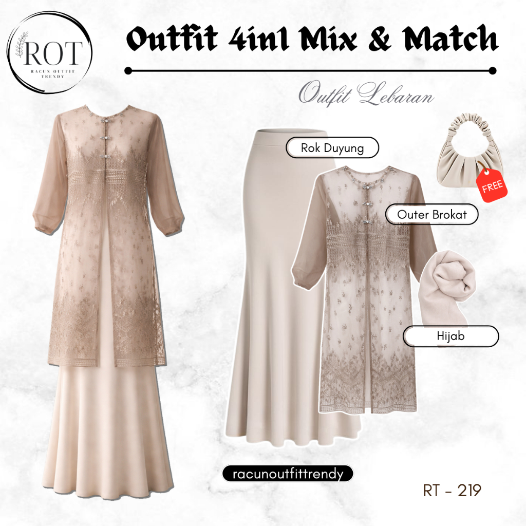 One Set Wanita Kekinian (Brokat, Rok Duyung, Hijab, free Bag) Kondangan Coksu Ivory - RT219