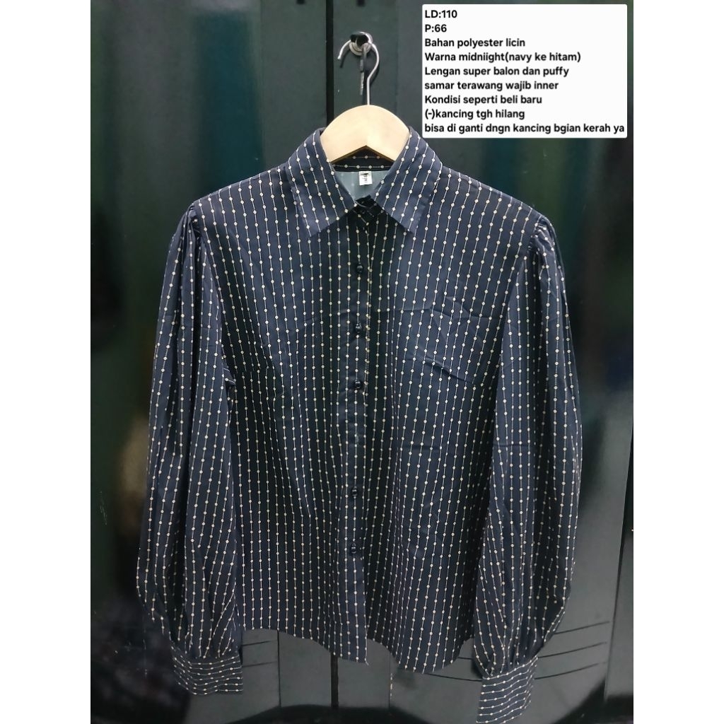 (COD)Atasan kemeja lengan balon wanita warna hitam/midnight blue motif
