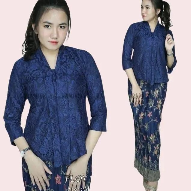 Setelan Kebaya Wanita Modern Floy Lace Bahan Brukat Warna Biru