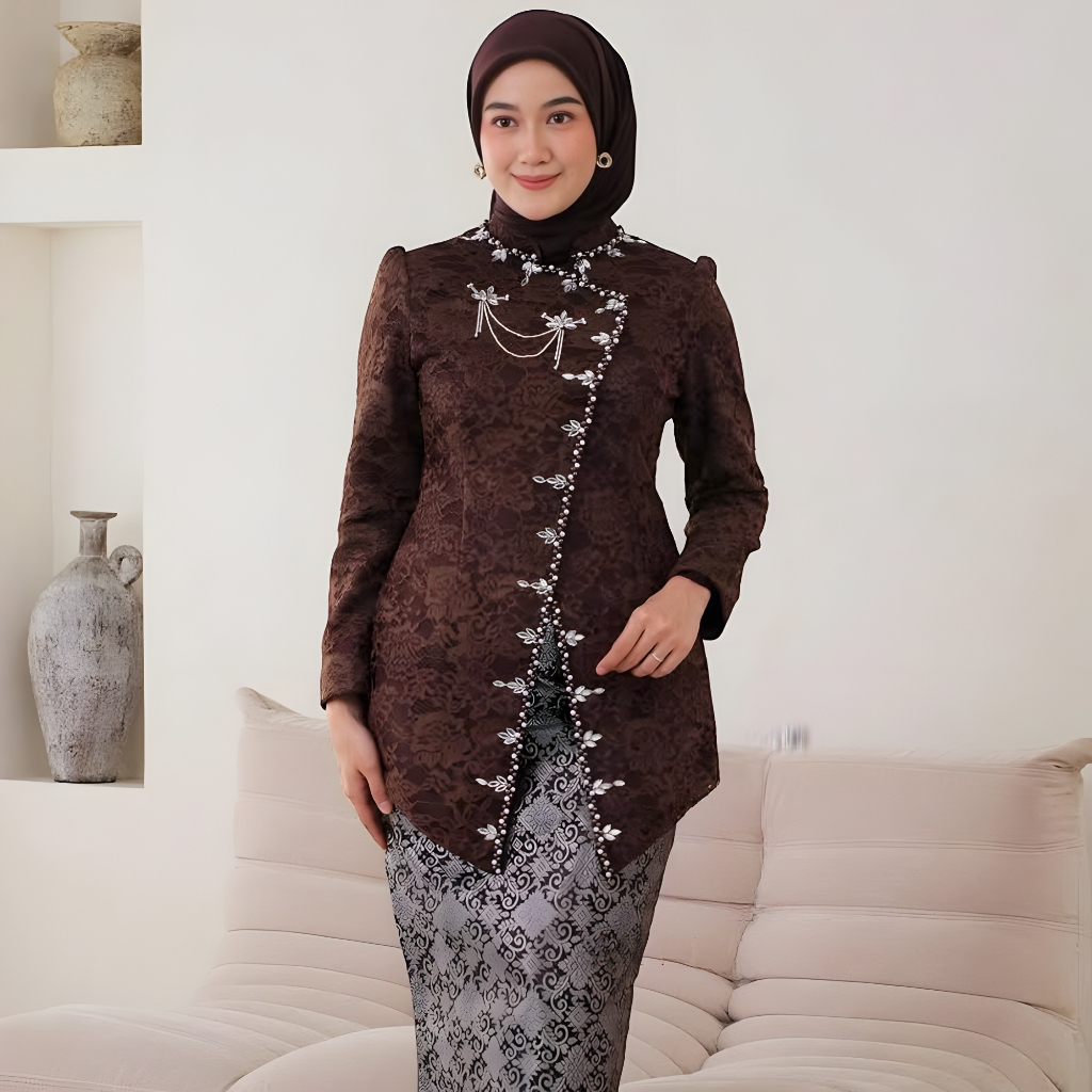 set kebaya burgundy setelan wanita atasan dan rok kebaya brokat emerald dress kondangan baju wisuda 