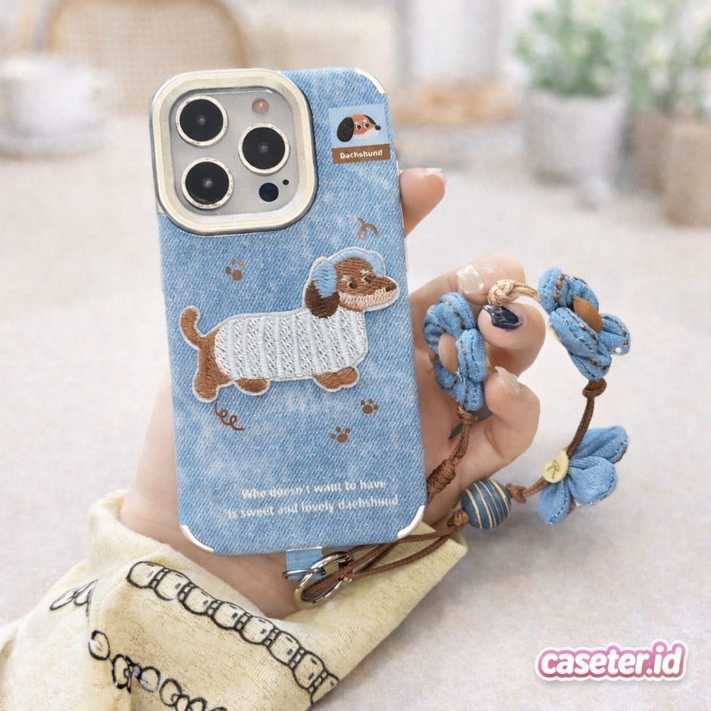 Case Iphone Lucu Berbahan Denim Dengan Strap Bunga Iphone 11/Iphone 13/Iphone 13 Pro/Iphone 15/Iphon