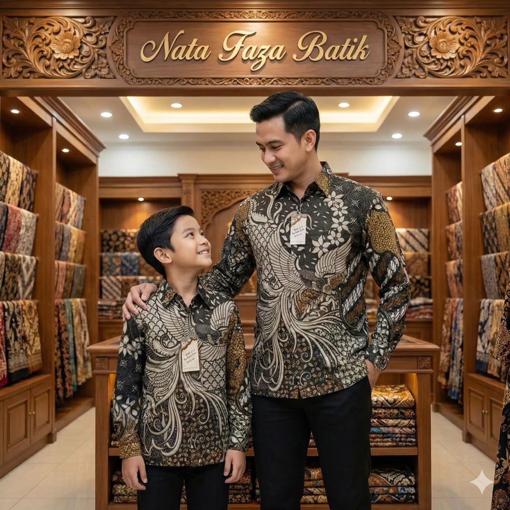 PRESTIGE Hijau Tua/Army Baju Batik Katun Couple Ayah Anak Lengan Panjang Motif Sekar Jagad Premium E