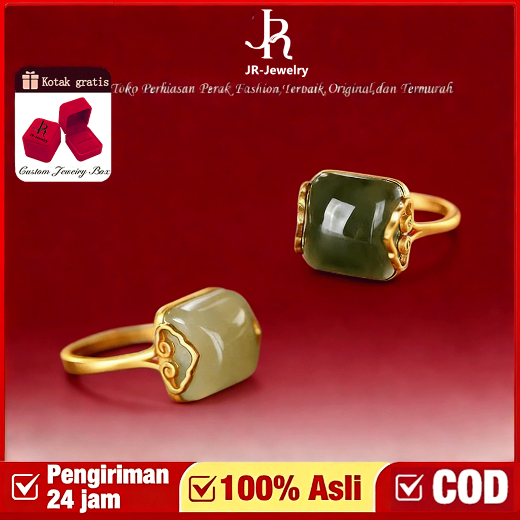 JUST RIGHT Cincin Wanita  Emas &Cincin persegi giok Hetian asli wanita 2 gaya mewah ringan dapat dis