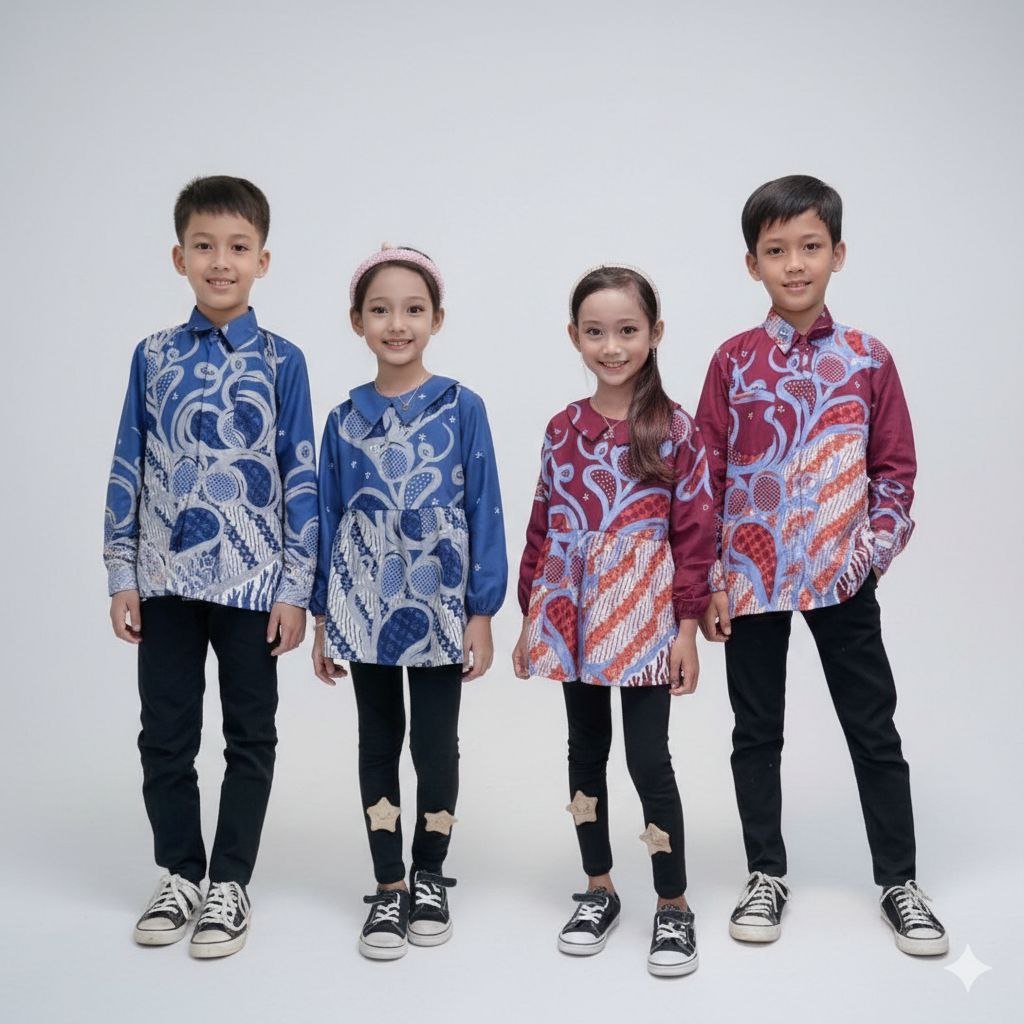 Batik Anak Perempuan Dan Laki-laki Usia 2-15 Tahun SD-SMP Lengan Panjang Atasan Kemeja Batik