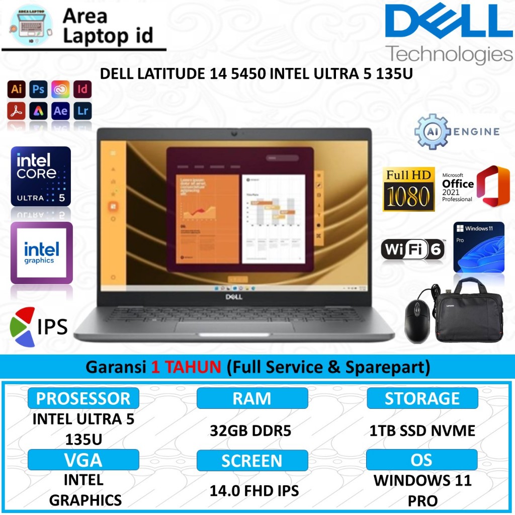 Laptop Murah Dell Latitude 14 5450 Intel Ultra 5 135U RAM 32GB 1TB SSD FHD IPS W11PRO Original