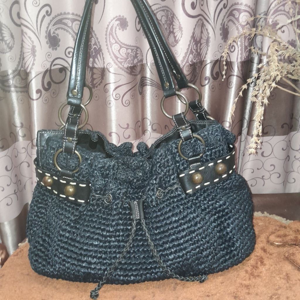 Cynthia Rowley Black Leather Tassel Drawstring Large Satchel Shoulder Bag