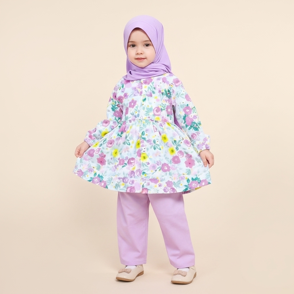 Zeba Setelan Muslim Anak Perempuan Katun | Baju Tunik Dress Muslim Anak + Hijab + Celana | Usia 1–6 
