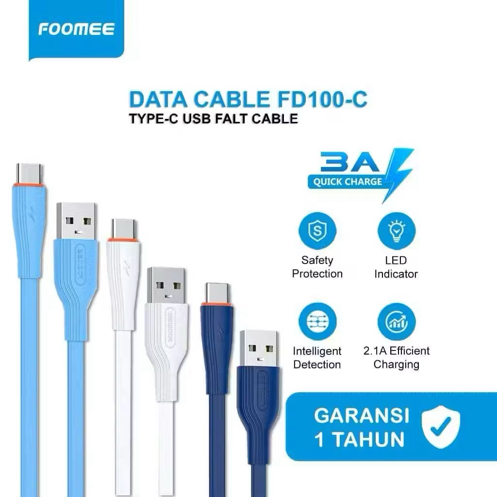 Foomee FD100-C Cable Data Type-C 3A Fast Charging , Kabel Data Foomee Type-C FD100