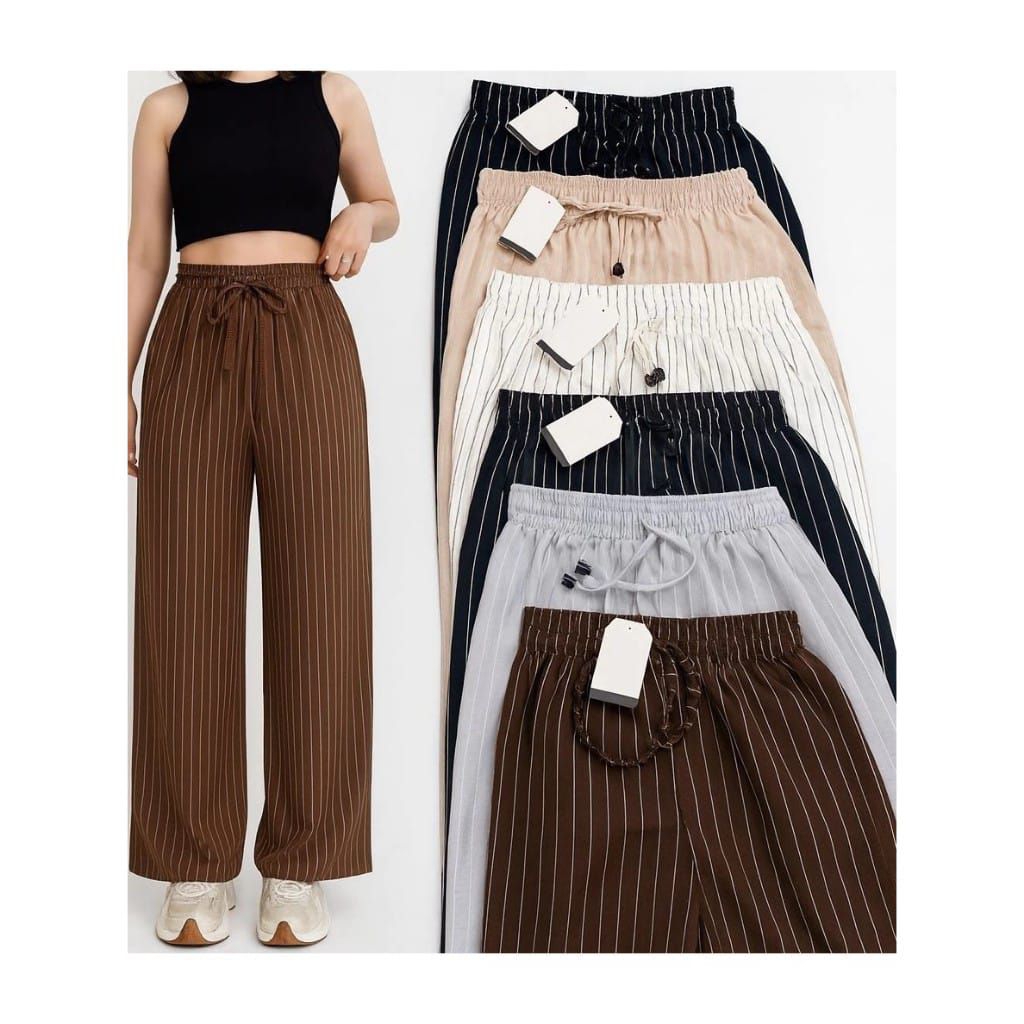 Kulot Salur Hitam Putih Oversize - Kulot Panjang Lengan Kembang Korean Style - Bahan Adem Anti Kusut