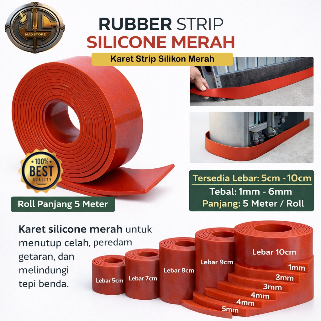 Rubber Strip Silicone Karet List Merah Roll Panjang 5 Meter Tebal 1-6mm Lebar 5-6cm Fleksibel Anti S
