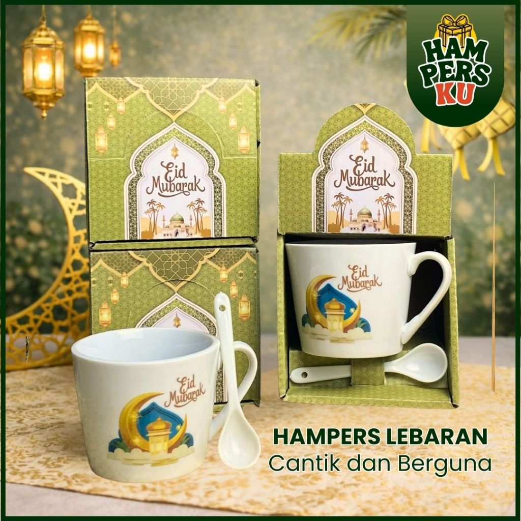 Hampers Gelas Kopi Keramik Set Sendok Motif LEBARAN Couple Souvenir Idul Fitri Eid Mubarak Cangkir E