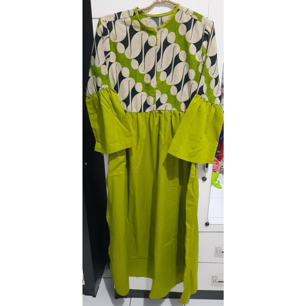 New - Gamis batik mix polos warna hijau untuk wanita