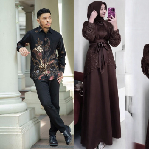 (TREND LEBARAN 2026) Batik Couple Veloxa Dress 2 in 1 Gamis Mahogany Burgundy Satin Premium Kekinian