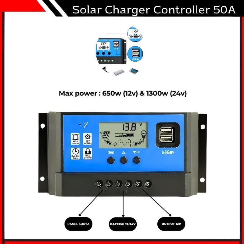 Solar Charger Controller 50A LCD LED Display Solar PWM USB Solar Panel Charge