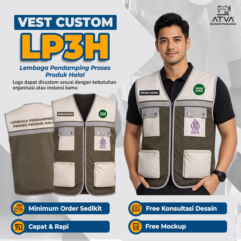 Rompi Vest Lapangan Custom KEMENAG BPJPH PENDAMPING PROSES PRODUK HALAL P3H Bordir Sablon DTF