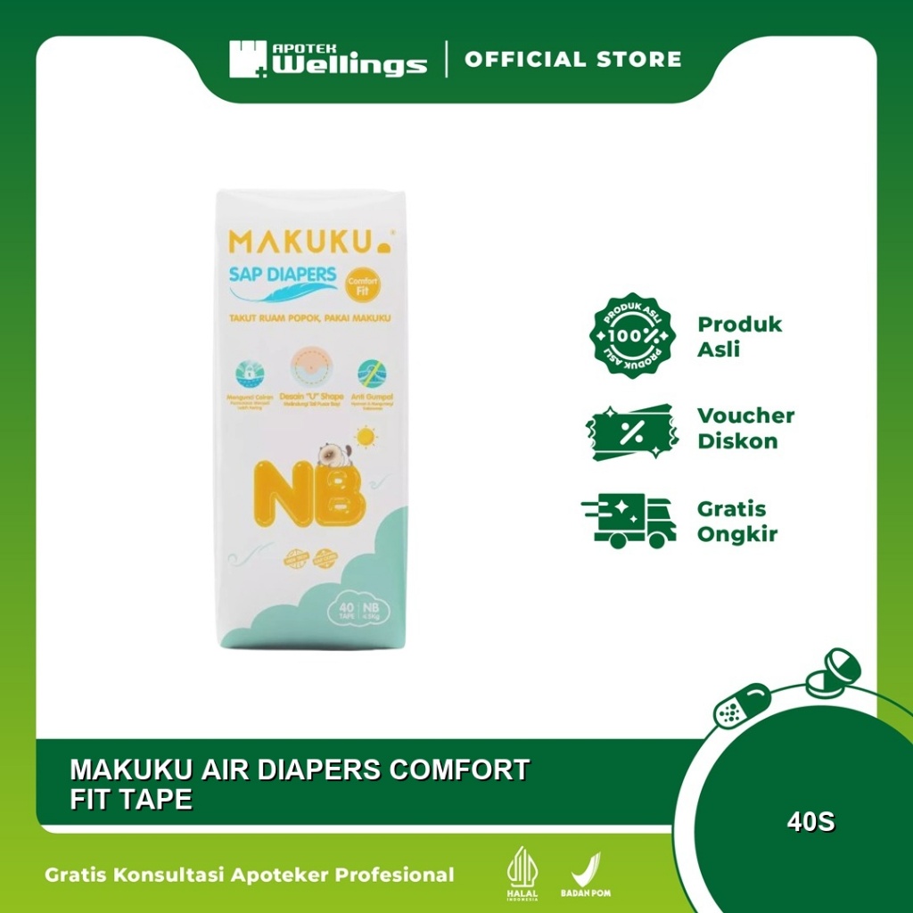 Wellings Makuku Air Diapers Comfort Fit Tape New Born Isi 40