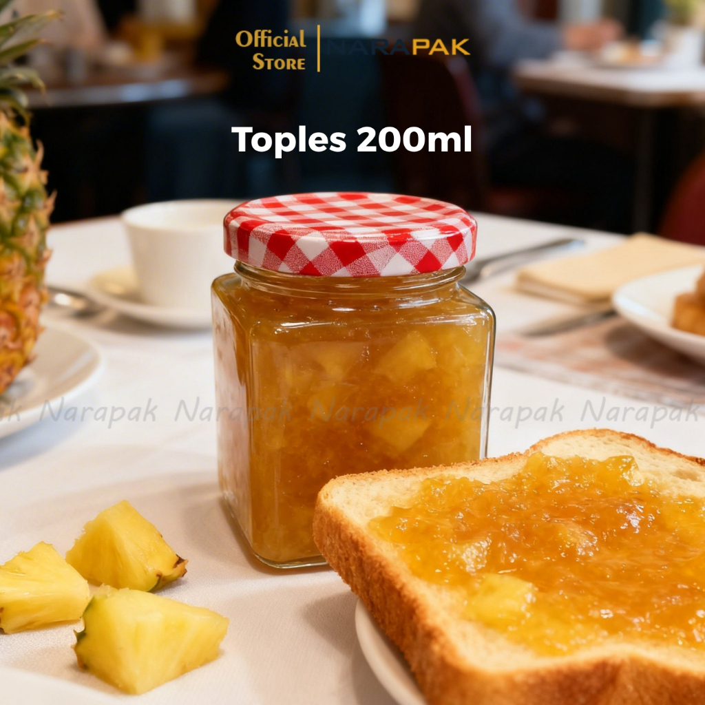 Botol Jar 200ml Kaca Kotak Tutup Kotak-Kotak Merah Toples Cake / Bumbu / Minuman / Puding / Sambal