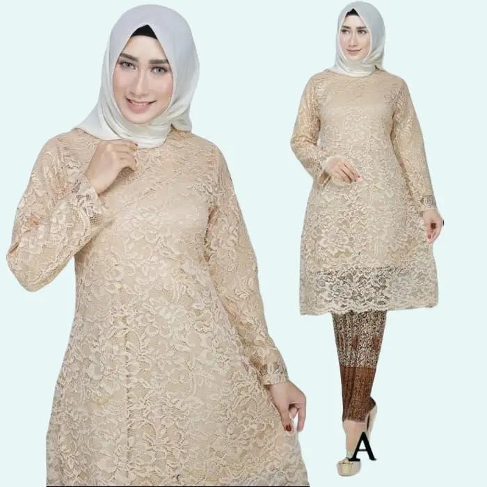 Setelan Kebaya Tunik Jumbo Bigsize Bahan Brukat Full Furing Lengan Panjang Warna Cream