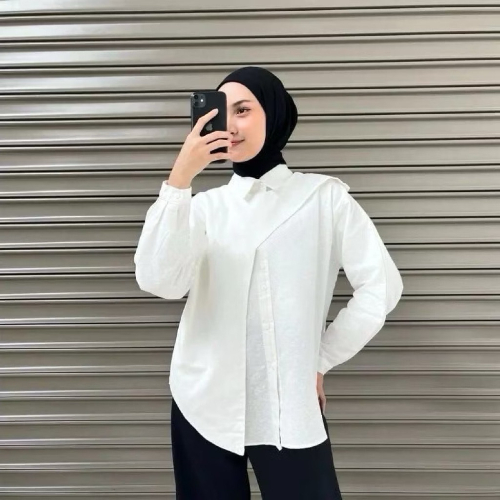 Hawa Shirt Baju Atasan Wanita Kemeja Wanita Basic Linen Oversize Lengan Panjang