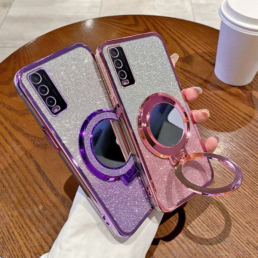 Casing VIVO Y20 Y20S Y20i Y20a Soft Case Ring Standing Glitter Mirror Magnetic Terbaru