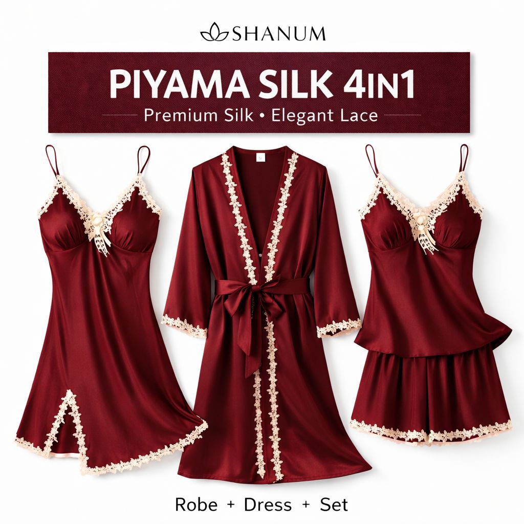 Piyama Wanita 4in1 Set Kimono – Baju Tidur Silk Sutra Premium Import