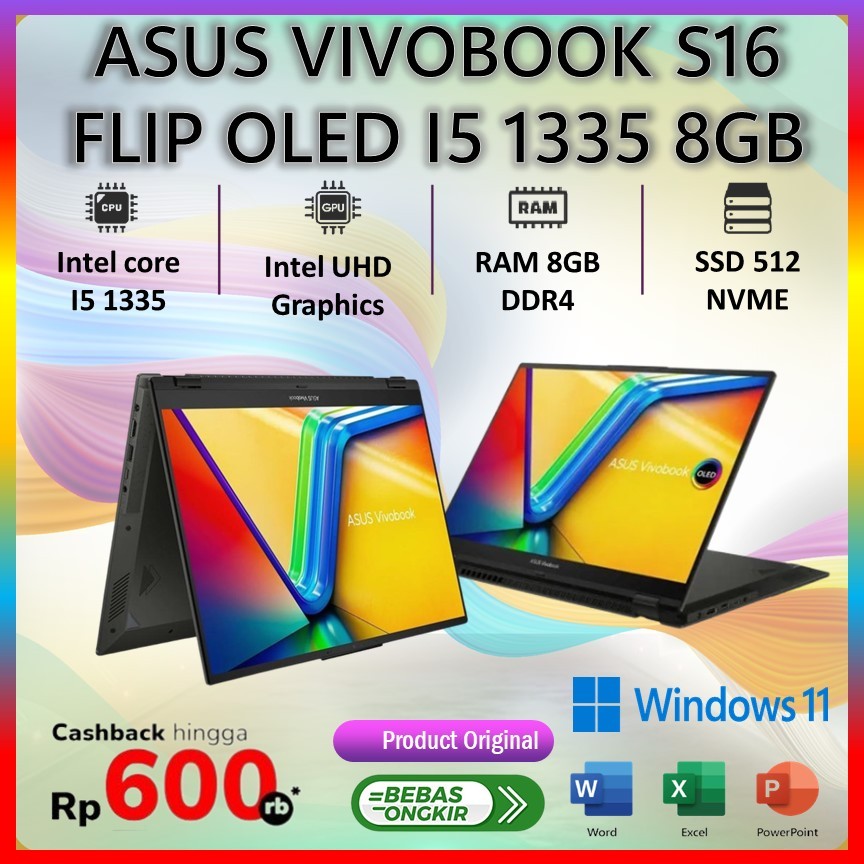 ASUS Vivobook S16 Flip OLED i5-1335U | 8GB | 512GB | Win11 - Garansi Resmi