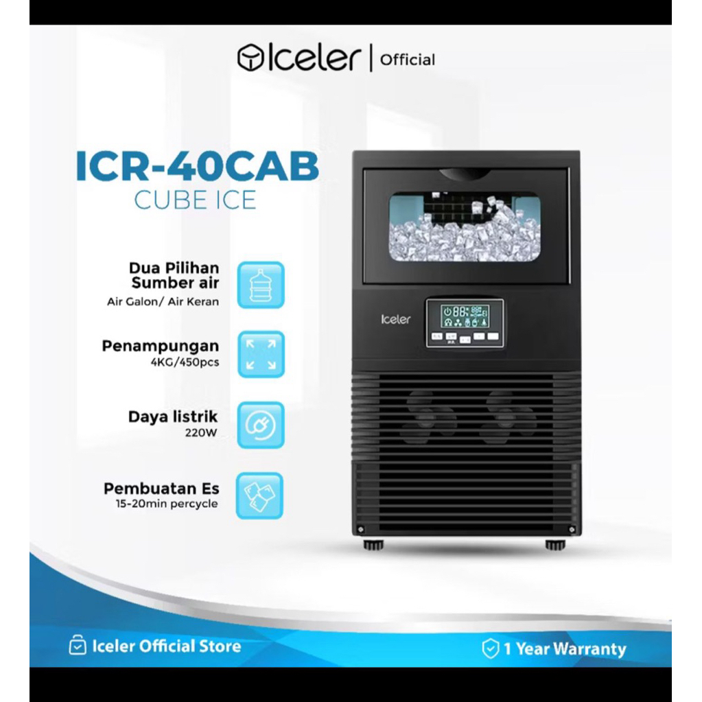 Iceler ICR 40CAB Mesin Pembuat Es Batu Cube Ice 4Kg 220W Garansi Resmi 1 Tahun