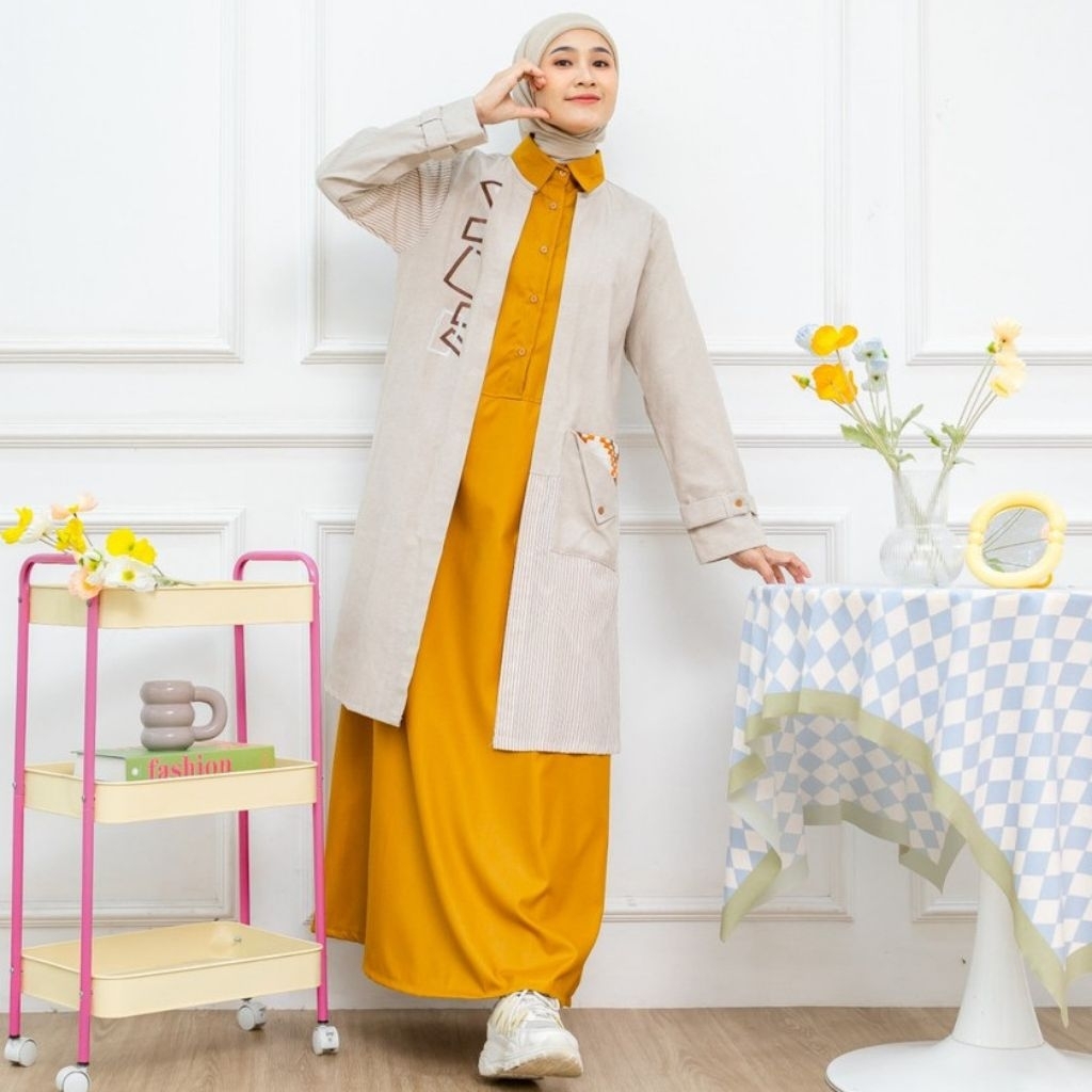 ( READY Stock ) Gamis Outer terbaru Kesan 2 pcs Original Lunangoo // Mustard Size. M