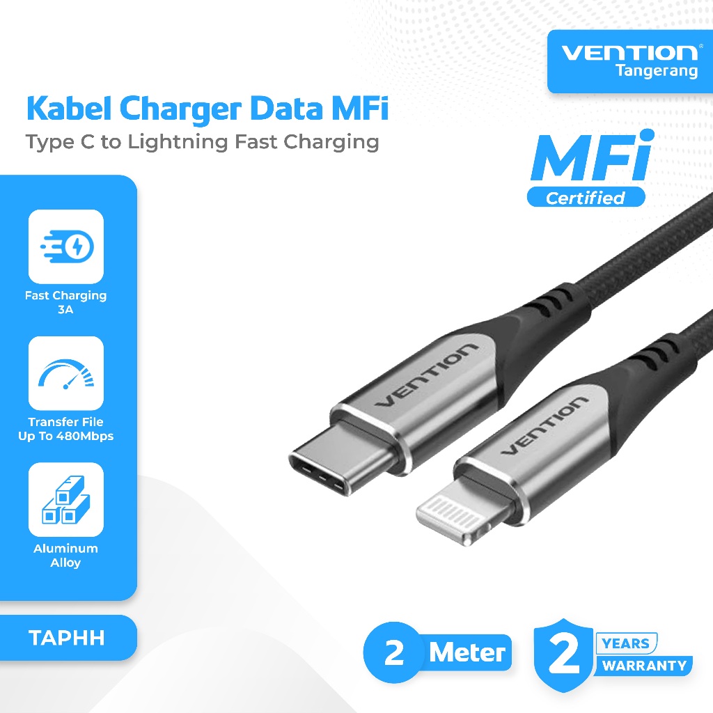 Vention Kabel Data Charger Type C to Lightning MFi Fast Charging 3A Support PD MFi 480Mbps Nylon Bra