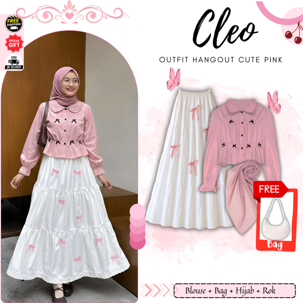 Set Outfit Wanita 4in1 Blus, Rok, Tas, dan Aksesori - Korean Style untuk Remaja