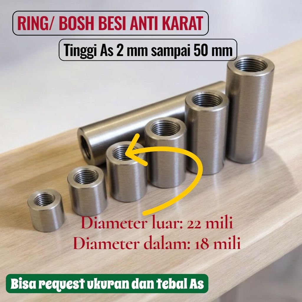 Bushing Besi OD 22mm ID 18mm Tebal 2–50 mm