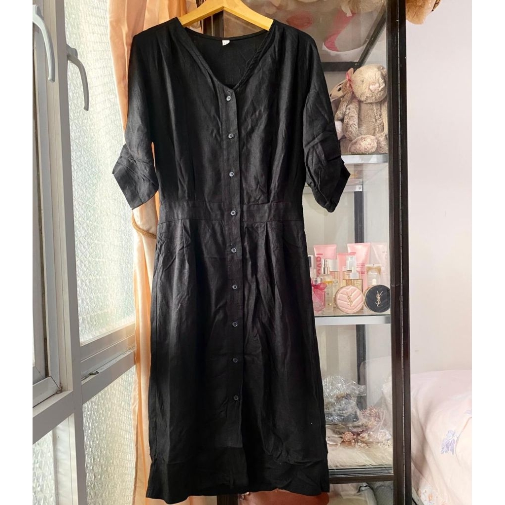 Midi dress linen hitam black tunik