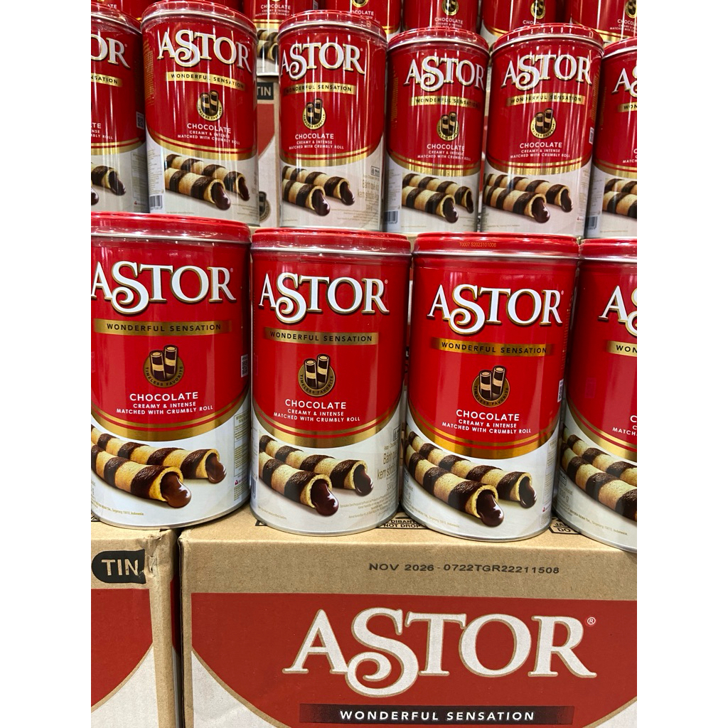 Astor wafer stick coklat 330 kemasan 1 dus isi 6 kaleng