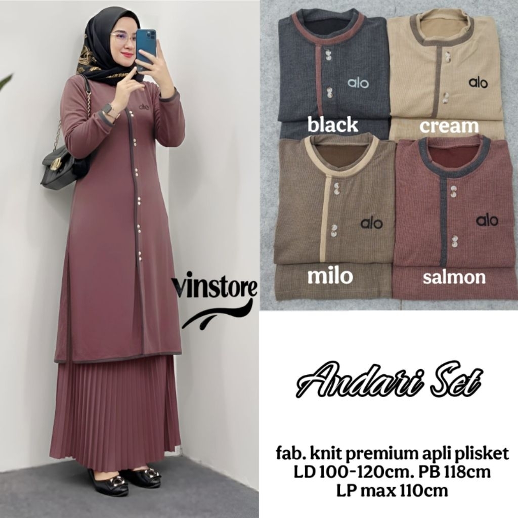 Andari Set Tunik Knit Premium +Rok Plisket Busui Friendly